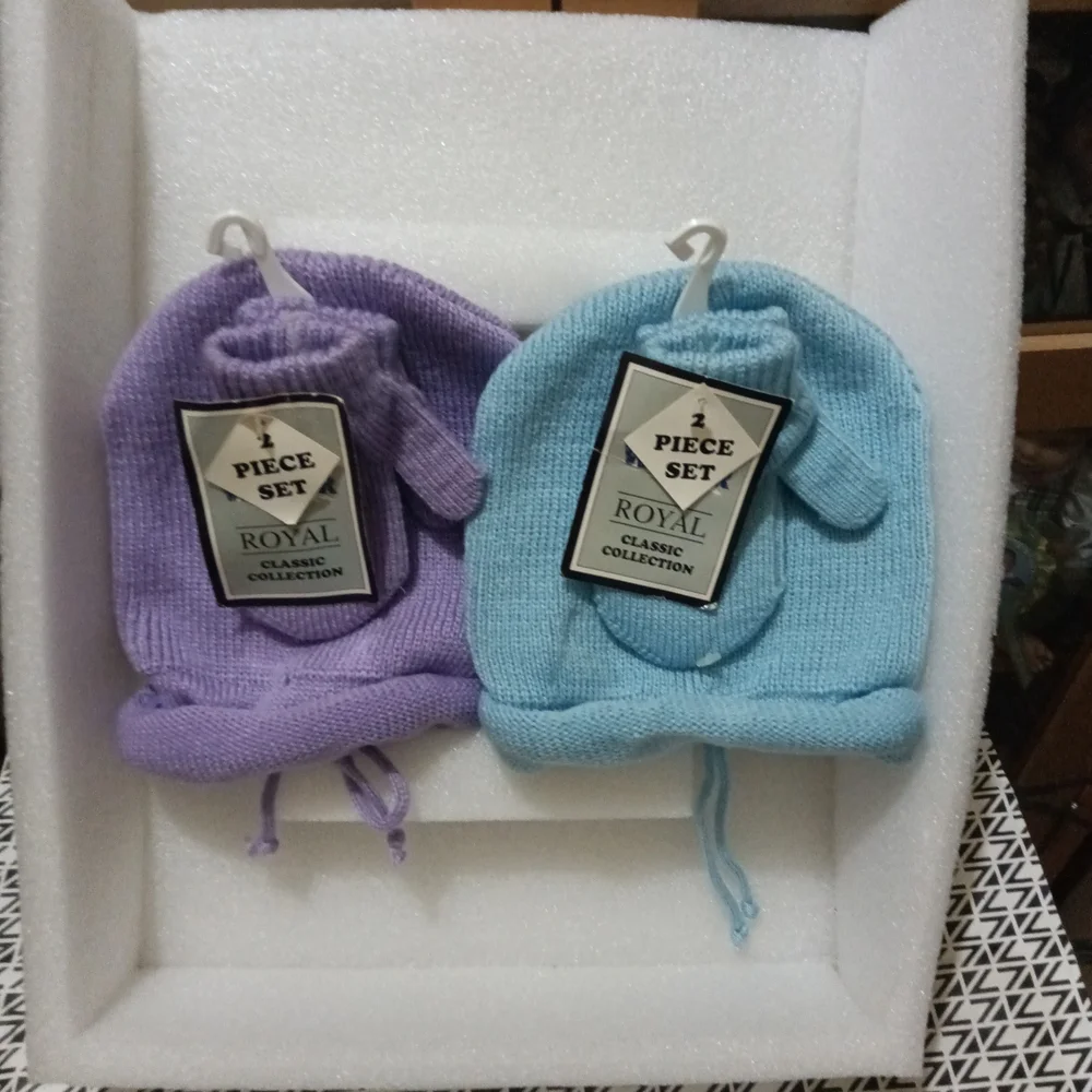 Purple and Blue Baby Hat and Mittens Set